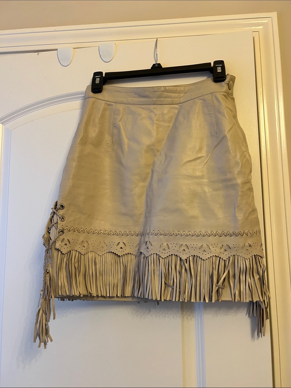 Fringe Hem Beige Leather Mini Skirt